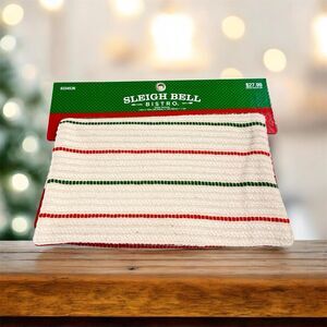 Sleigh Bell Bistro Christmas Table Runner Cream Red Green Stripe 14" x 72" New